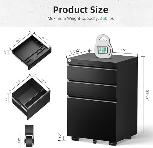Bonusall 3 Drawer File Cabinet with Lock, Small Under Desk Filing Cabinet for Home Office, Fully Assembled Metal Rolling Storage Fits A4/Letter/Legal