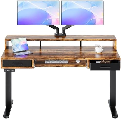 HUANUO 55″ X 26″ Electric Standing Desk with 2 Drawers &24.4″ Large Keyboard Tray, C-Clamp Mount Compatible, Adjustable Computer Desk for Office, Sit Stand Up Desk with 4 Height Presets, Vintage Brown