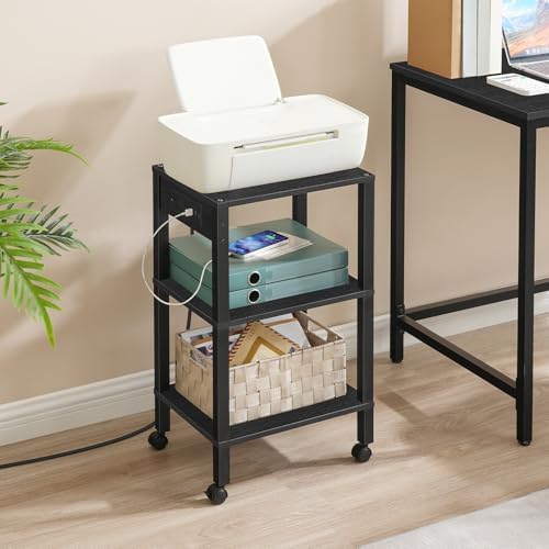 HOOBRO 3-Tier Printer Stand with Charging Station, Under Desk Printer Table, Printer Cart with Storage Shelves, Shelf for Small Spaces, for Home Office, Black BK63UPS01
