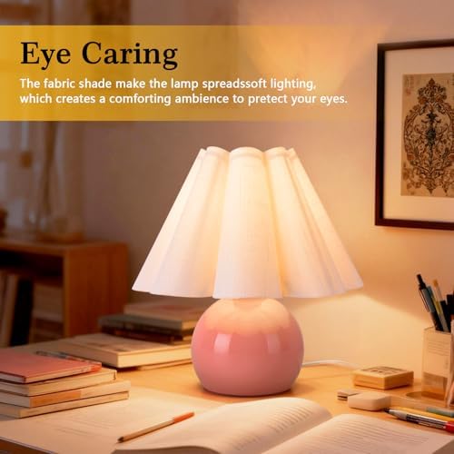 Pink Small Bedside Mini Table Lamp for Bedroom, Cute Bedroom Lamps for Nightstand, Cute Mini Table Lamps for Small Spaces with Scalloped Shade for Kitchen Counter, Bookshelf, Kids Dorm, Home Office