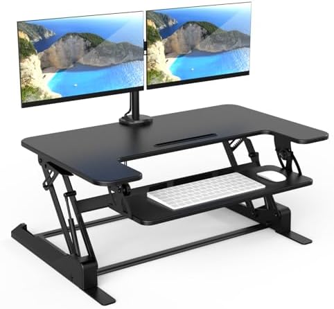 Mount-It! Standing Desk Converter Dual Monitor, 2 Screen Mounts Included, Height Adjustable Desk Riser in Black, Stand Up Desk Convertor Large 36" Wide, Sit Stand Convertor with Manual Lift Gas Spring