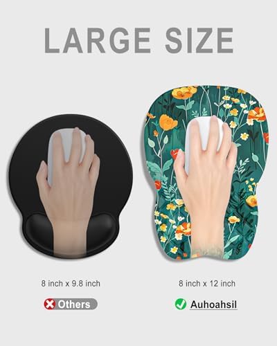 Auhoahsil Ergonomic Mouse Pad with Wrist Rest, Slope Computer Mouse Mat with Wrist Support, Memory Foam Filling, Non-Slip Silicone Base, Pain Relief, for Gaming & Work, 8 x 12 in, Green Flowers