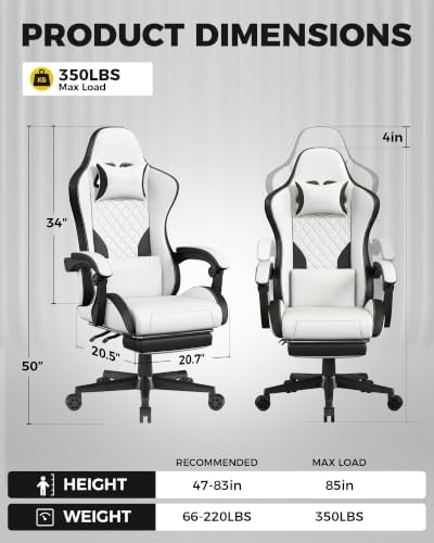 LUCKRACER Gaming Chair with Pocket Spring Cushion and Footrest, PU Leather 90°-155° Reclining Computer Chair, 4.5" Height Adjustment, Ergonomic Office Chair with Lumbar Support, White