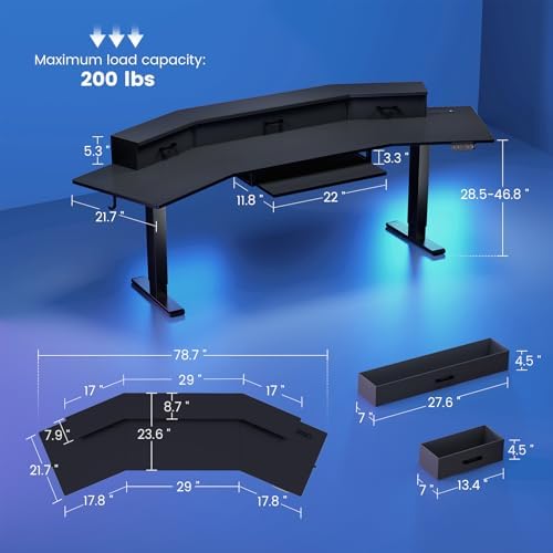 SEDETA 79'' Electric Standing Gaming Desk with Drawers and Led Lights, Height Adjustable Computer Desk with Power Outlet, Keyboard Tray for Home Office, Workstation, Stand up Gaming Table, Black
