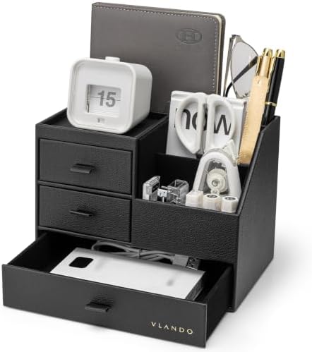 VLANDO Desk Organizer,PU Leather Office Storage with Compartments,Black