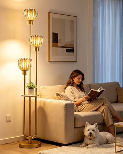 Lightdot Lotus Glass Floor Lamp with Shelf Amber Flower Gold Floor Lamps