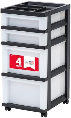 IRIS USA 4-Drawer Rolling Storage Cart with Organizer Top, Black/Pearl