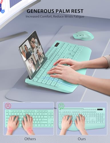 Wireless Keyboard and Mouse Combo - Full-Sized Ergonomic Keyboard with Wrist Rest, Phone Holder, Sleep Mode, Silent 2.4GHz Cordless Keyboard Mouse Combo for Computer, Laptop, PC, Mac, Windows (Green)
