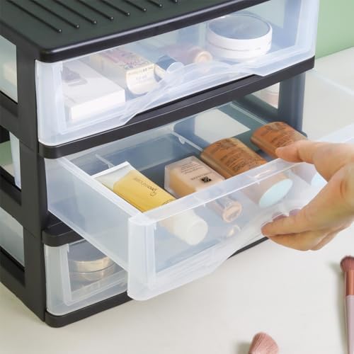 BYCY Medium 3 Drawer Plastic Clear Stacking Desktop Organizer for Office Supplies, Stackable Storage Drawers Storage Bins For Kitchen Cabinets, Pantry, Home Organization (Black, Medium 3Drawer)