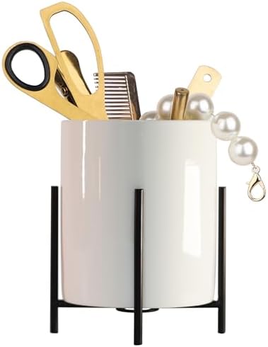 Black Pencil Cup Sturdy Metal Frame with White Ceramic Pen Holder For Desks and Kitchen Appliance holders