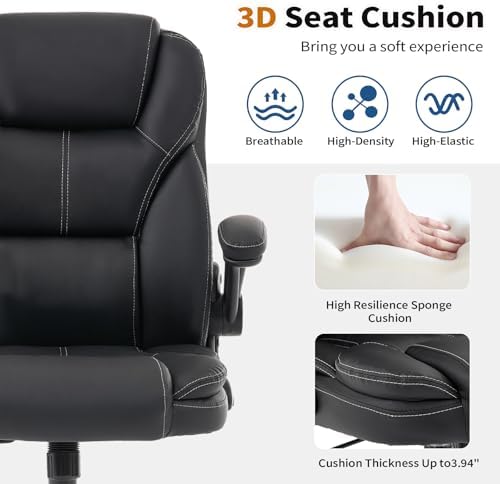 Big and Tall Office Chair 500lbs Wide Seat, Leather Executive Desk Chair with Ergonomic Lumbar Support, PU Padded Flip-up Armrests Computer Chair, High Back Swivel Gaming Chair for Heavy People, Black