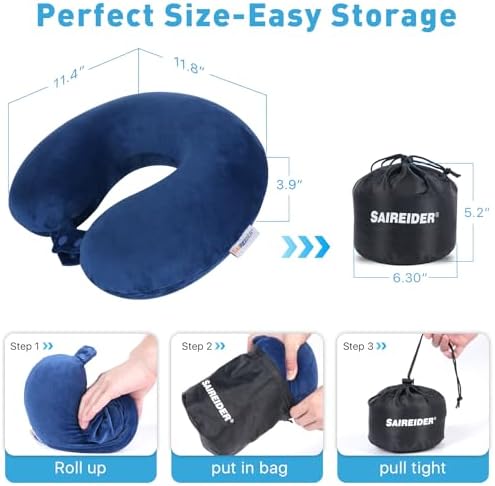 SAIREIDER Neck Pillows for Travel-Head Neck Support Travel Pillow for Traveling, Car, Home, Office Adjustable with Storage Bag (Navy Blue)