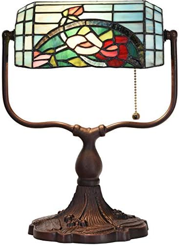 Bieye L10760 Rose Flower Tiffany Style Stained Glass Bankers Desk Lamp Table Lamp for Working Office Living Room Bedside Home Decoration, 9" W x 15" H, Red Green