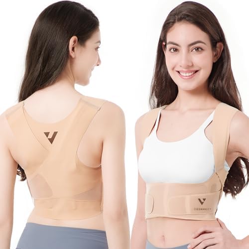 Vicorrect Adjustable Posture Corrector for Women: Invisible Under Clothes - Comfortable Back Support Bra for Upper Back Neck Shoulder Pain Relief - Ideal for Sitting Exercise Daily Wear (Beige Large)