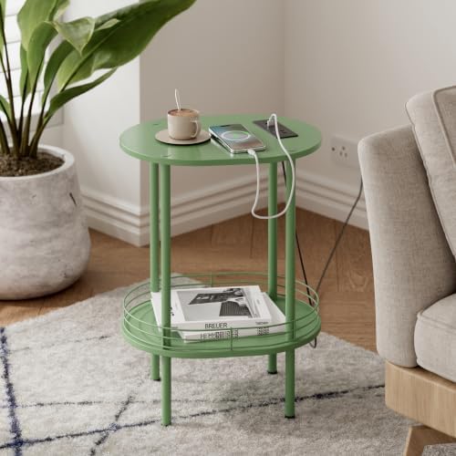 Small Oval Side Table with Charging Station, 2-Tier Green Round End Table