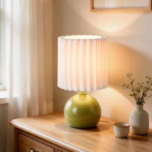 Ziqqeelam Green Small Table Lamp with Scalloped Linen Shade, Mini Green Table Lamp for Bedroom Nightstand, Cute Desk Night Light for Living Room, Bookshelf, Kitchen Counter, Kids Room, Office