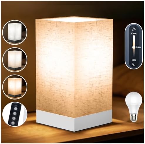 Bedside Table Lamp, 9W EyeCare LED Night Light, 3 Color Temp & Stepless Dim