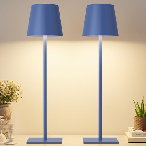 Kakanuo Navy Blue Rechargeable Table Lamp, 2 Pack Cordless Desk Lamp with 5000mAh Battery, Touch Control Stepless Dimming, Wireless Night Light for Dining, Outdoor Camping, Coffee Shop