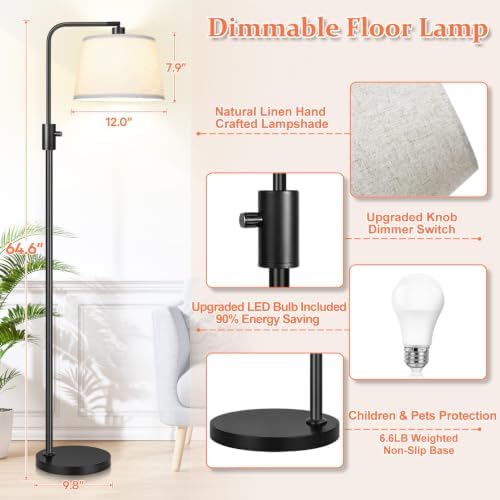 Nintiue 【Upgraded】 Dimmable Floor Lamp, 1000 Lumens LED Bulb Included, Arc Floor Lamps for Living Room Modern Standing Lamp with Linen Shade, Tall Lamp for Bedroom Office Reading Dining Room- Black