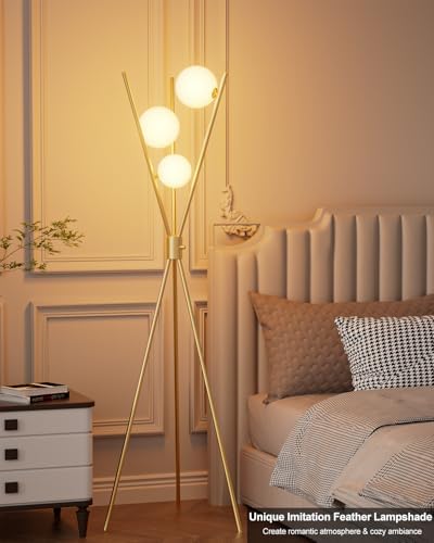 3 Globe Dimmable Tripod Floor Lamp, Mid Century Standing Lamps with 3Pcs 3000K Bulbs Included, Modern Tall Lamp for Living Room Bedroom Office-Gold