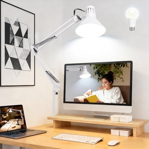 White Desk Lamp with Clamp, Extra-Tall Adjustable Metal Swing Arm, 5000K