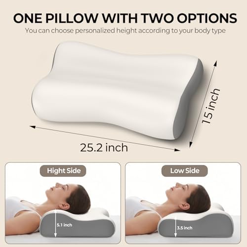 Neck Pillow Contour Memory Foam Pillows for Pain Relief Bed Pillow for Sleeping, Ergonomic Pillow for Neck and Shoulder Pain, Orthopedic Cervical Pillow for Side Back Stomach Sleeper (White&Grey)