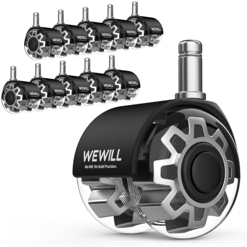 WEWILL Office Chair Wheels, Rubber Replacement Caster Heavy Duty Wheels for Computer Desk Chair to Replace Office Chair mats, Protect Hardwood Floors and Carpet, Set of 10 Silver