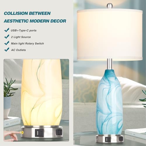 26" Coastal Table Lamps Set of 2, Modern Table Lamps with USB A+C Ports & AC Outlet, Touch Control Glass Bedside Nightstand Lamp with Night Light for Living Room Bedroom End Table Blue(Bulbs Included)