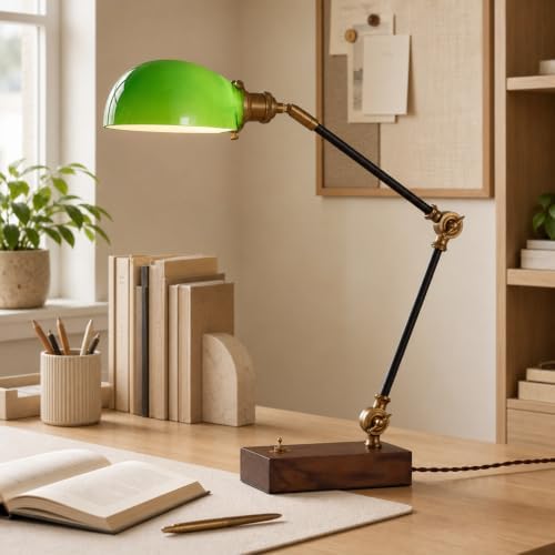 Vintage Green Glass Solid Wood BLack Gold Adjustable Swing Arm Desk Lamp