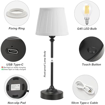 Cordless Table Lamps Rechargeable Set - 2 Pack Black 4000mAH Battery Operated Lamps for Decor, 3000K Stepless Dimming Touch Control Wireless Lamps for Bedroom, Dining Table, Living Room, White Shade