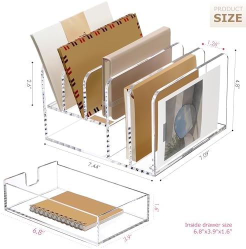 Acrylic Mail Sorter Desk Organizer Holder with Drawer, 5 Compartments Clear