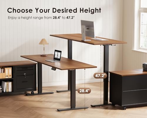 OffiGo 55" L Shaped Electric Standing Desk with Cabinet Sets, Walnut/Black