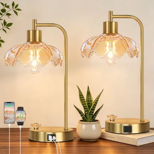 Glass Table Lamps Set of 2, Champagne Dimmable Bedside Lamps for Bedroom