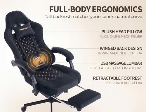 Office Desk Computer Gaming Chair for Adults, Ergonomic High Back Gamer Chair with Massage and Pocket Spring Cushion, Swivel Comfy Video Game Chairs with Footrest and Lumbar Support (Black Fabric)