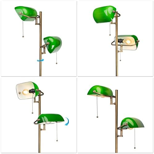 FIRVRE Green Glass Bankers Floor Lamp Classic Vintage Standing Lamp with Pull Chain Switch Adjustable Arm Reading Floor Light for Bedroom Headboard Workplace Office Piano Style Lamp