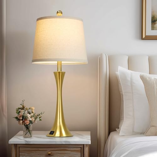 Rinweey 27.5" Gold Lamps for Living Room, Touch Control 3-Way Dimmable Bedside Nightstand Lamps Bedroom Lamp,Modern Gold Table Lamp with USB A+C Ports,Tall Lamps for Living Room End Table（1Pack）