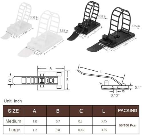 Adhesive Cable Management Clips, 50Pcs Adjustable Nylon Cable Strap Ties Wire Clips Clamps Organizer with Strong Adhesive Tape, Extra Screw & Hole for Strong Fixation Home Office - 3.55 Inch Black