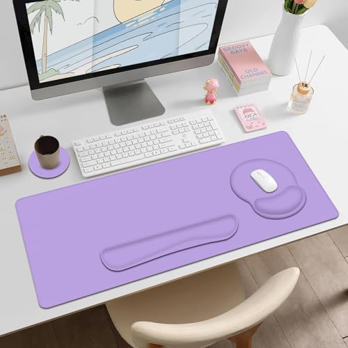 Mouse Pad Desk Pad Protector, Keyboard Wrist Rest + Mouse Pad Wrist Rest +Coaster, Large Gaming Mouse Pad for Deskpc Computer Keyboard Laptop, XXL Desk Mat Writing Pad for Office and Home, Purple