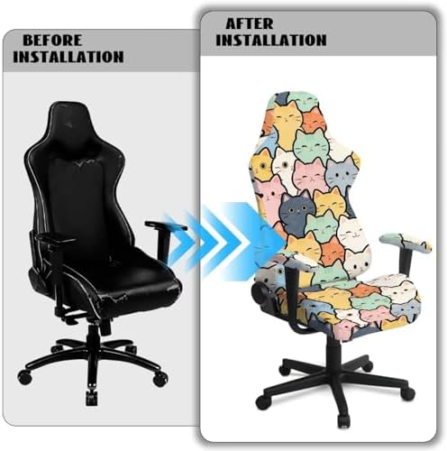 Cute Cat Print Gaming Chair Cover with Armrest Covers Stretch Non Slip Furniture Protector Washable Stain Resistant Office Desk Chair Slipcover