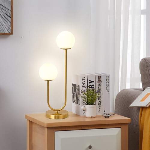 Mid Century Modern Globe Table Lamp Gold U-Shape Glass Table lamp 2-Globe Bedside Lamp with LED G9 Light Source Ideal for Bedroom & Office