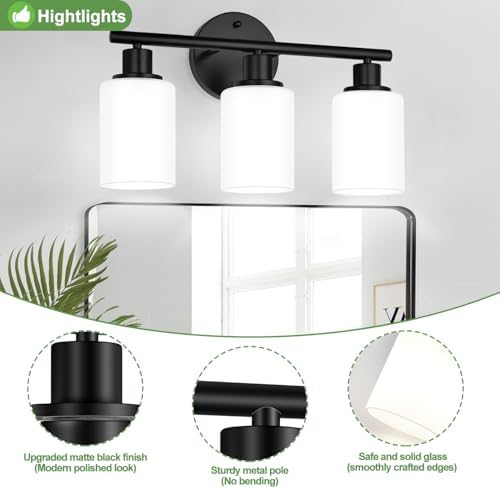 Zarbitta 3-Light Bathroom Light Fixtures, Black Modern Vanity Lights with Milky White Frosted Glass Shades, Bathroom Wall Lamp for Mirror Kitchen Living Room Hallway Cabinet Porch