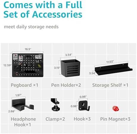 PEGZONE Clamp on Desk Pegboard, 16.5" x 12.6", with 10 Accessories, Black
