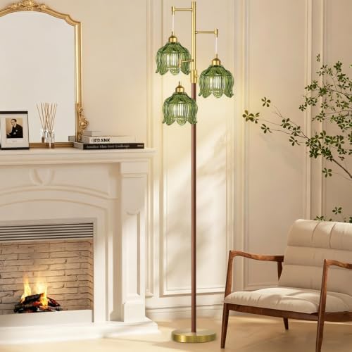 ZECOXOL Wood Floor Lamps for Living Room Bedroom-Rustic Glass Floor Lamp with Three Led Bulb, Modern Mid Century Standing Lamp Brass Vintage Tall Lamp Gold Tree Floor Lamp for Bedroom Corner
