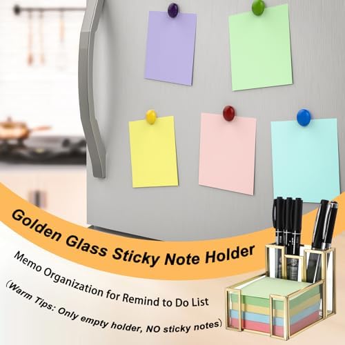 BTSKY Golden Glass 3x3 Inch Sticky Note Holder with Pen Slot