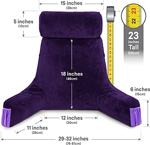 Husband Pillow Medium Reading Pillow with Arms - 23" Backrest for Sitting Up in Bed - Firm Support Bed Rest Pillow for Adults, Neck Roll, Removable Cover - TV, Reading, Lounging - Purple