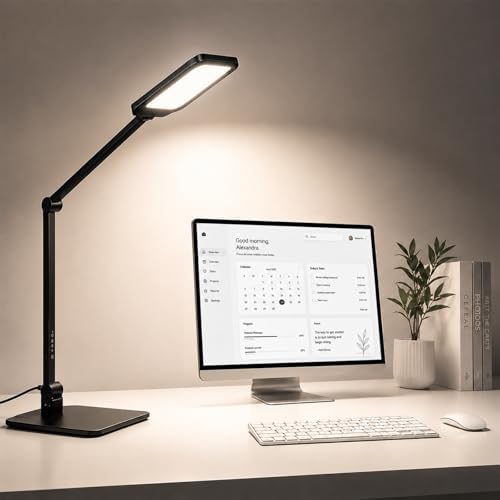 NS LED Desk Lamp for Home Office, Desk Lamp with Webcam Light for Video Calls, Dimmable 3000K-6500K Desk Light with Remote, Timer, Memory, Adjustable Swing Arm, CRI95+