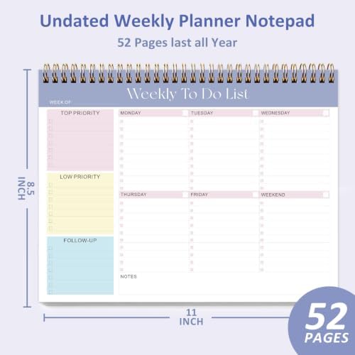 Weekly To Do List Notepad, 52 Sheets, Undated Weekly Planner, Letter Size