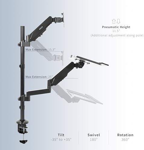 VIVO Sit-Stand Height Adjustable Pneumatic Spring Arm Keyboard Tray Desk Mount for 1 Screen up to 32 inches STAND-SIT1B