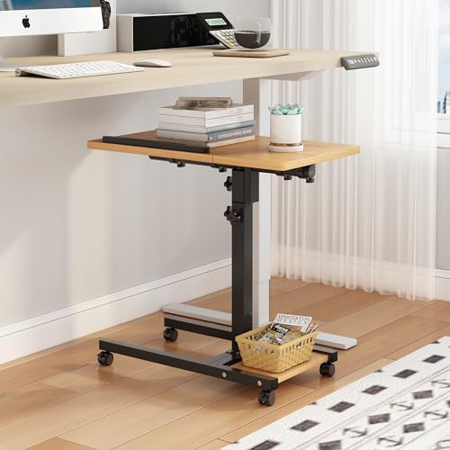 TigerDad Mobile Adjustable Height Laptop Stand PC Computer Portable Notebook Swivel Laptop Desk Rolling Table Desk Cart Tiltable with Wheels Casters& Mouse Pad Table (Wood)