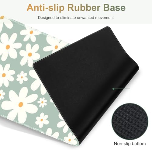Desk Mat Gaming Mouse Pad, Cute Desk Matt Keyboard Wrist Rest for Desktop, Anti-Slip Big Mousepad Stitched Edges, XXL Large Mouse Pad with Wrist Support for Home Office Computer I Morandi Daisy